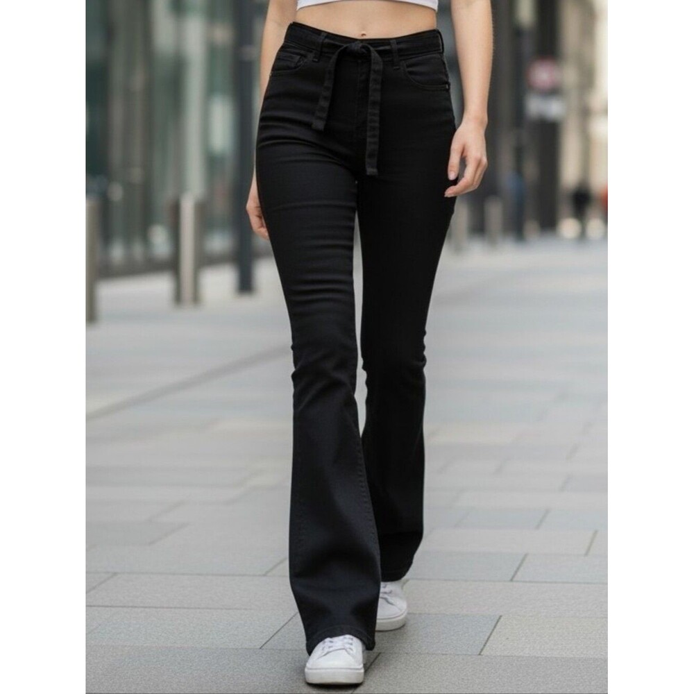 Black High-Rise Flare Pants Belted Bell Bottom Stretch Pants Size 4 KDF Fashion